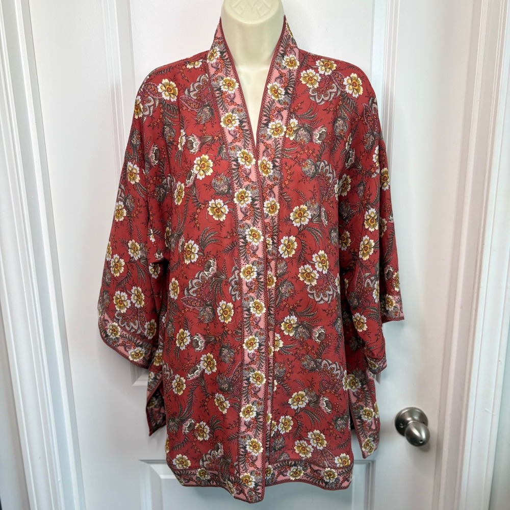 Max Studio Floral Paisley Kimono Top Red Open Front Cardigan Boho Luxury Size M